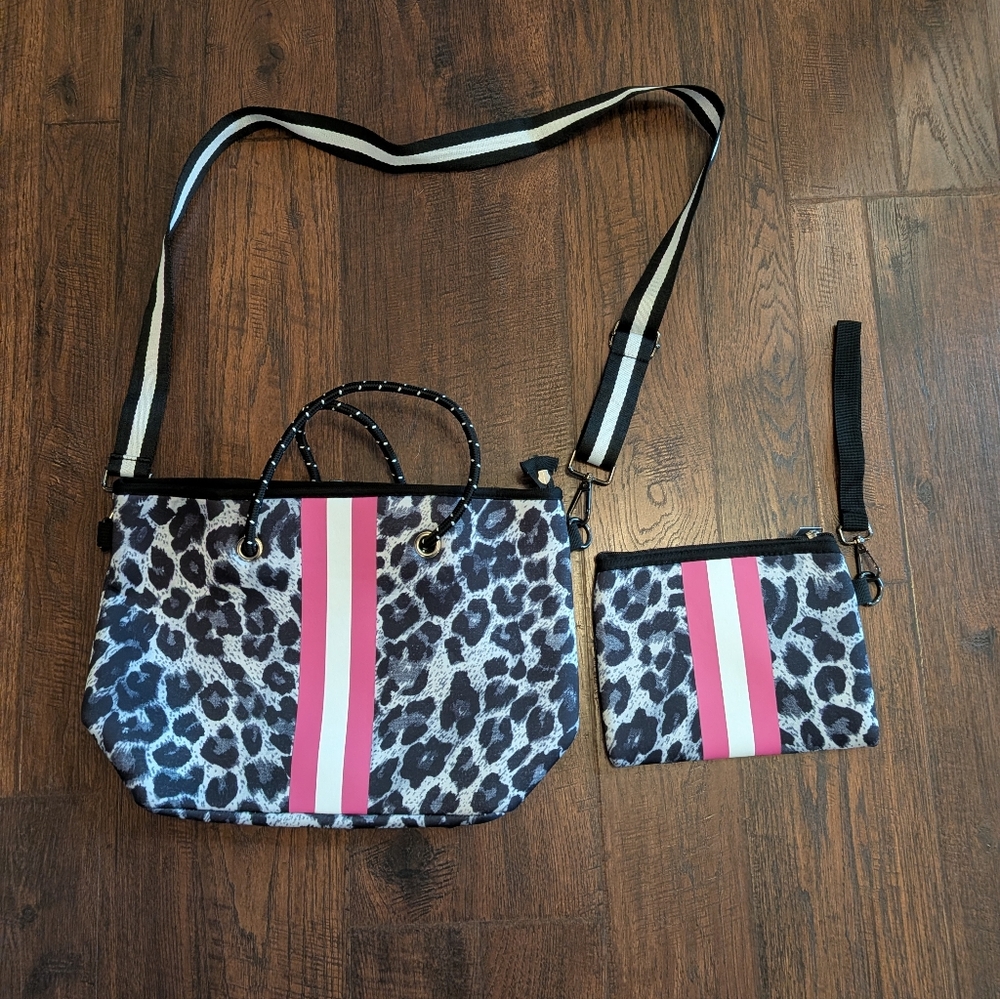 Neoprene Handbag And Wristlet Black/White Leopard Print With pink/White Stripe